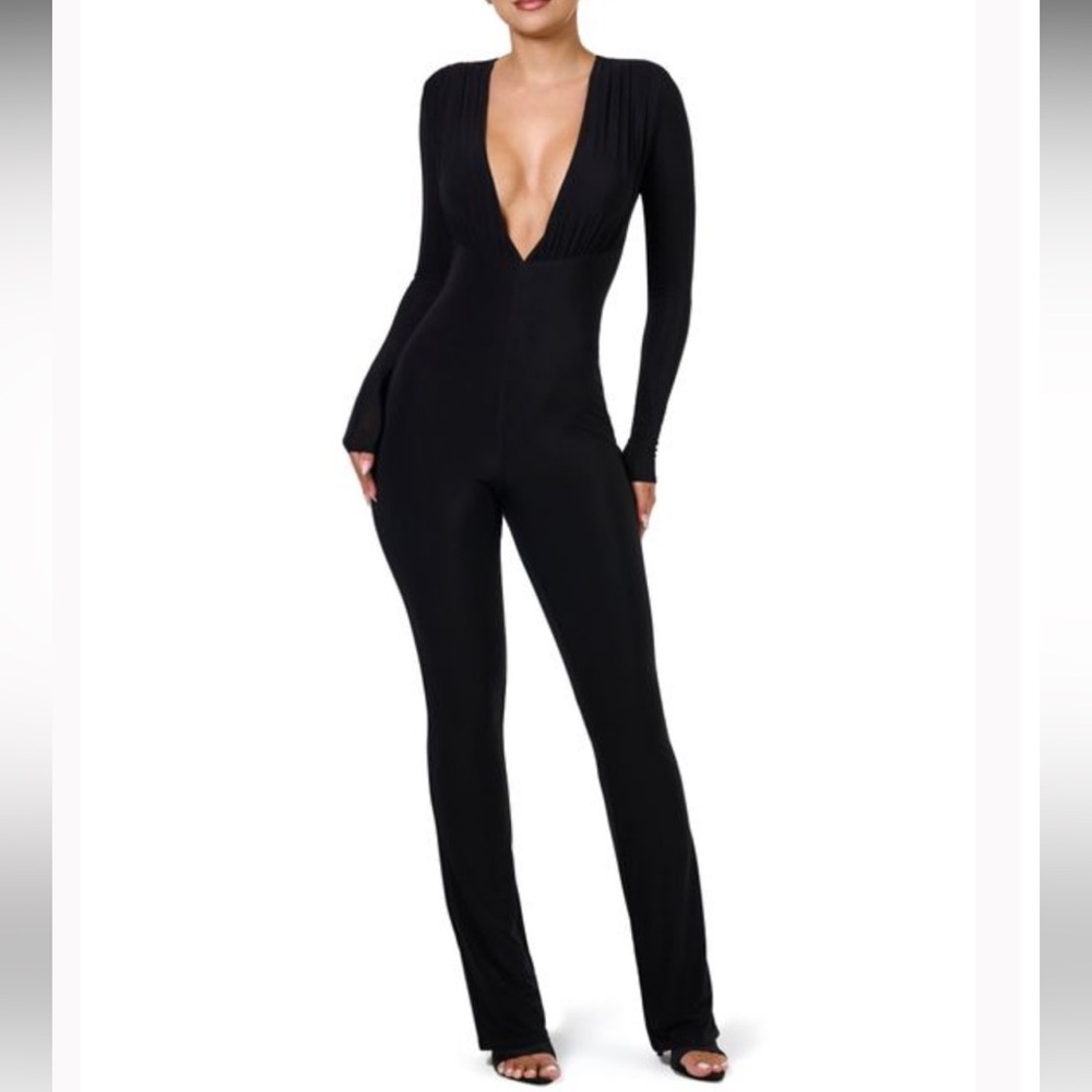 Naked Wardrobe Black Deep V-Neck Long Sleeve Jumpsuit
